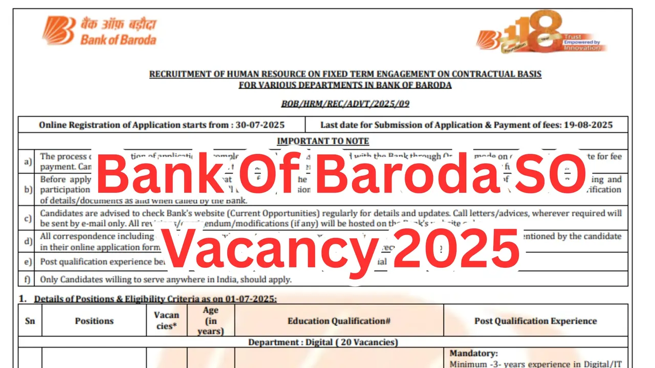 Bank Of Baroda SO Vacancy 2025