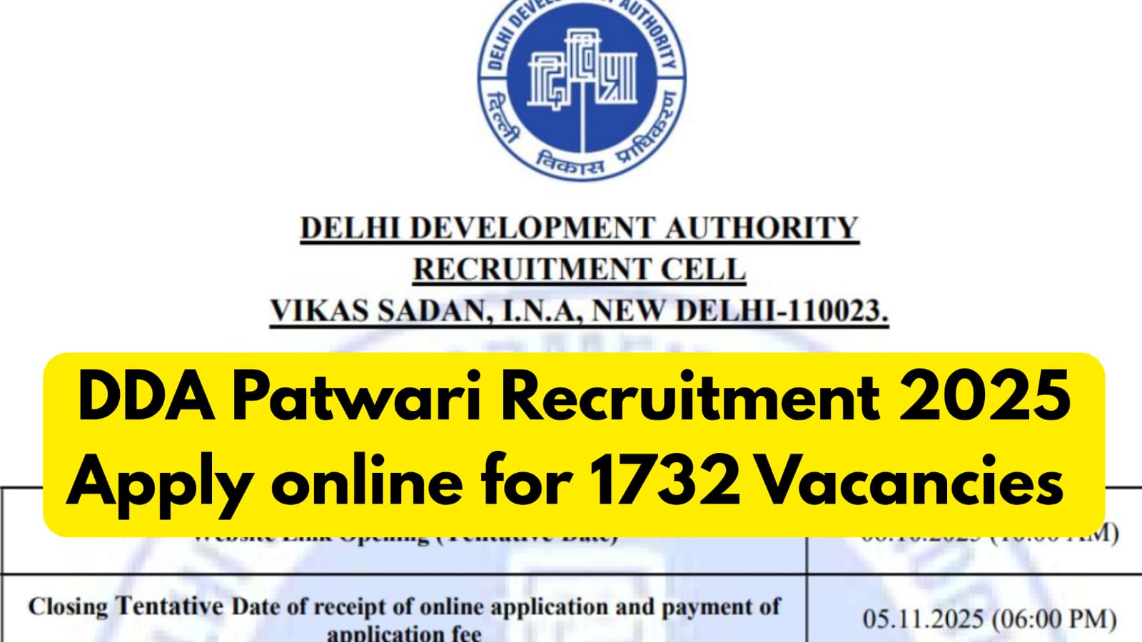 DDA Patwari Recruitment 2025 Apply Online for 1732 Vacancies – Check Eligibility, Age Limit, Fees and Selection Process