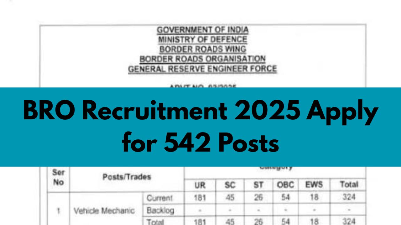 BRO Recruitment 2025 Apply for 542 Vehicle Mechanic & Multi Skilled Worker Posts